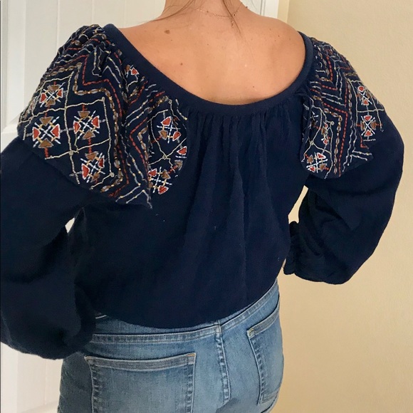 Navy embroidered off the shoulder top - Picture 2 of 4